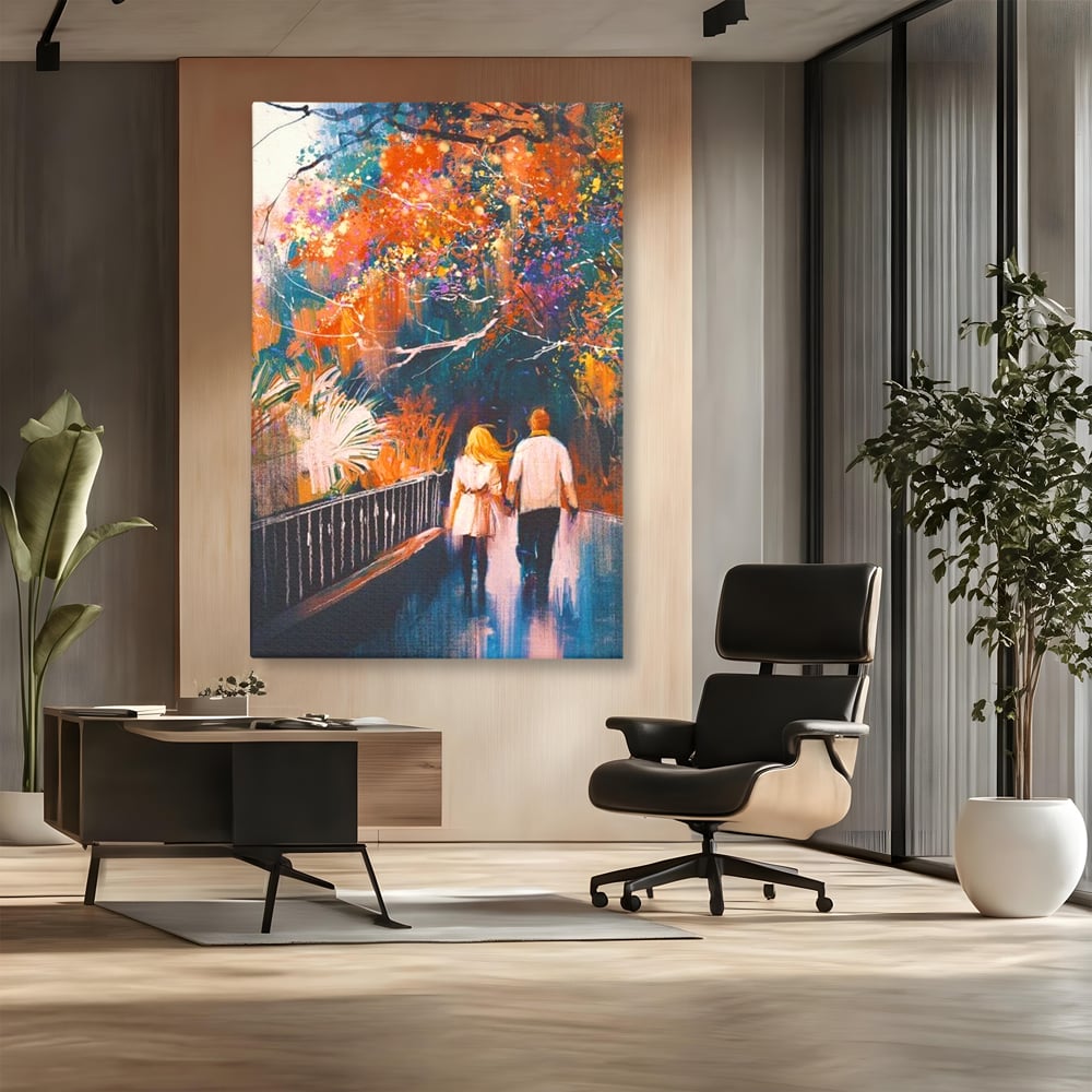Tablou canvas cu tablou canvas cuplu in parc toamna, fara rama, pe sasiu de lemn, pe perete intr-un birou